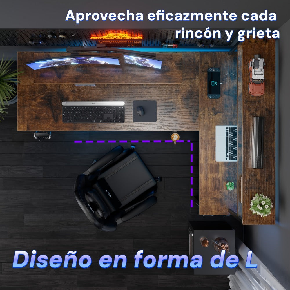 Escritorio de Esquina Reversible para Juegos con Toma de Corriente, Escritorio en L con Esquina Abatible, Escritorio Ergonómico con Estantes de Almacenamiento, Cajones y Bolsas, Escritorio de Esquina con Soporte para Monitor, Oficina en Casa