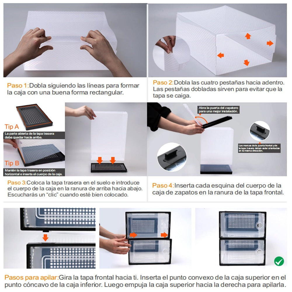 VORTEX Pack Organizador de Calzado Cajas de Zapatos Blancas y transparentes Apilables con Apertura Frontal，Sistema Antivuelco y Ventilación