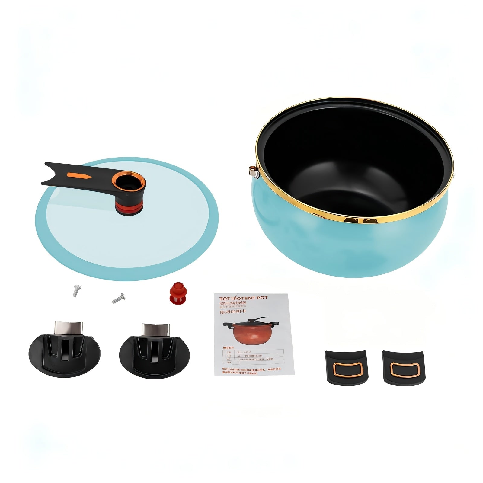 Olla de 7 litros multiusos con doble asa y tres opciones de color, con una generosa capacidad de 25.4cm, hierro grueso, tapa de vidrio y borde dorado. Perfecta para sopas, estofados y más, ideal para regalos de Halloween y Navidad en una bodega local.