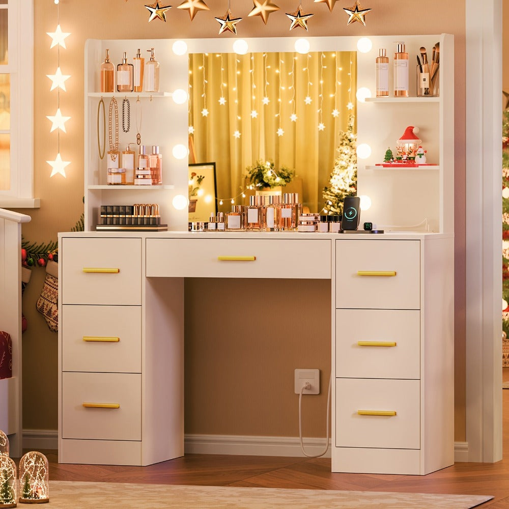Tocador Grande con Espejo LED Iluminado y Toma de Corriente, Mesa de Maquillaje con 7 Cajones, 4 Estantes y 5 Ganchos, Tocador, Juego de Escritorio de Tocador para Dormitorio, Baño