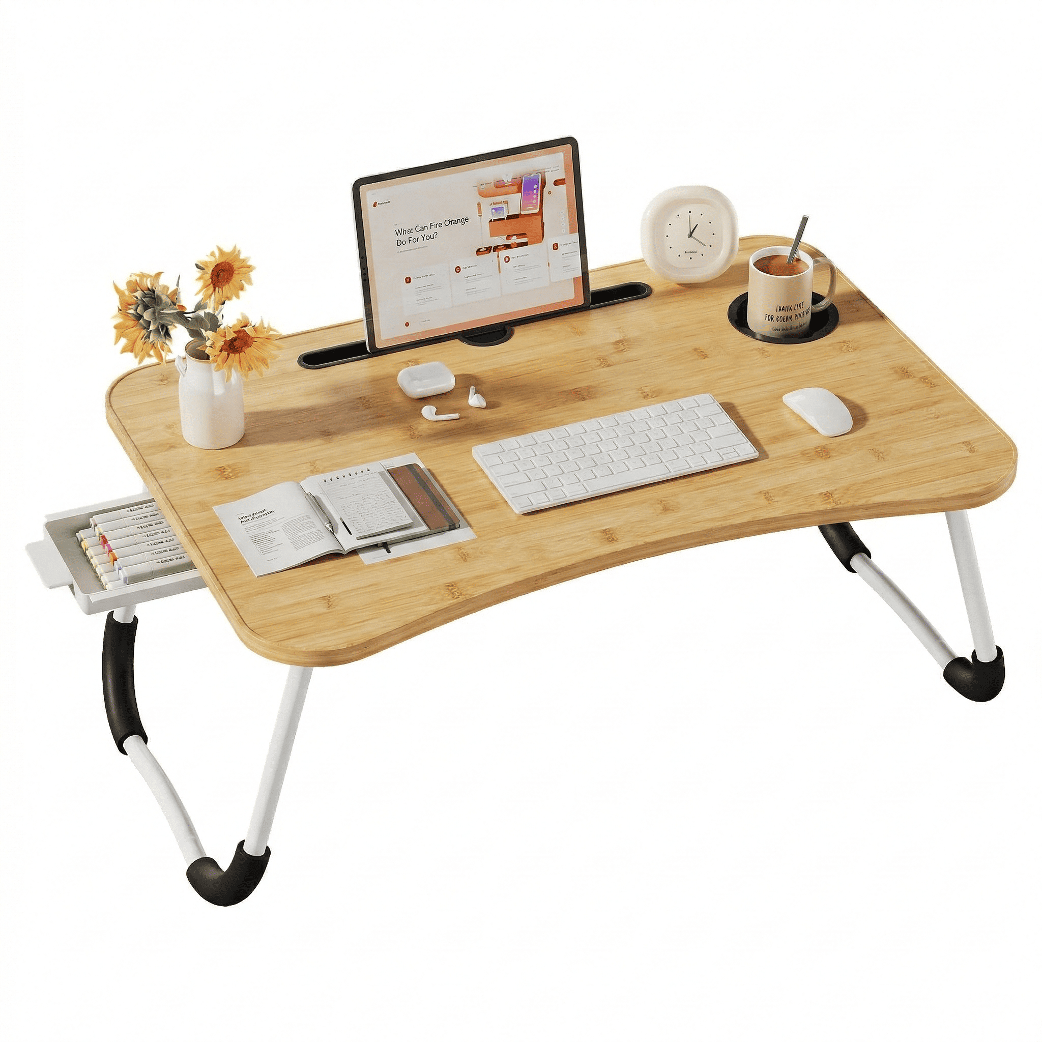 Mesa plegable multifunción para cama y sofá con portavasos, 60×40×28 cm, mesa auxiliar con atril para leer en la cama, bandeja multifunción para ordenador, libros, trabajo y estudio en casa (con cajón / sin cajón)