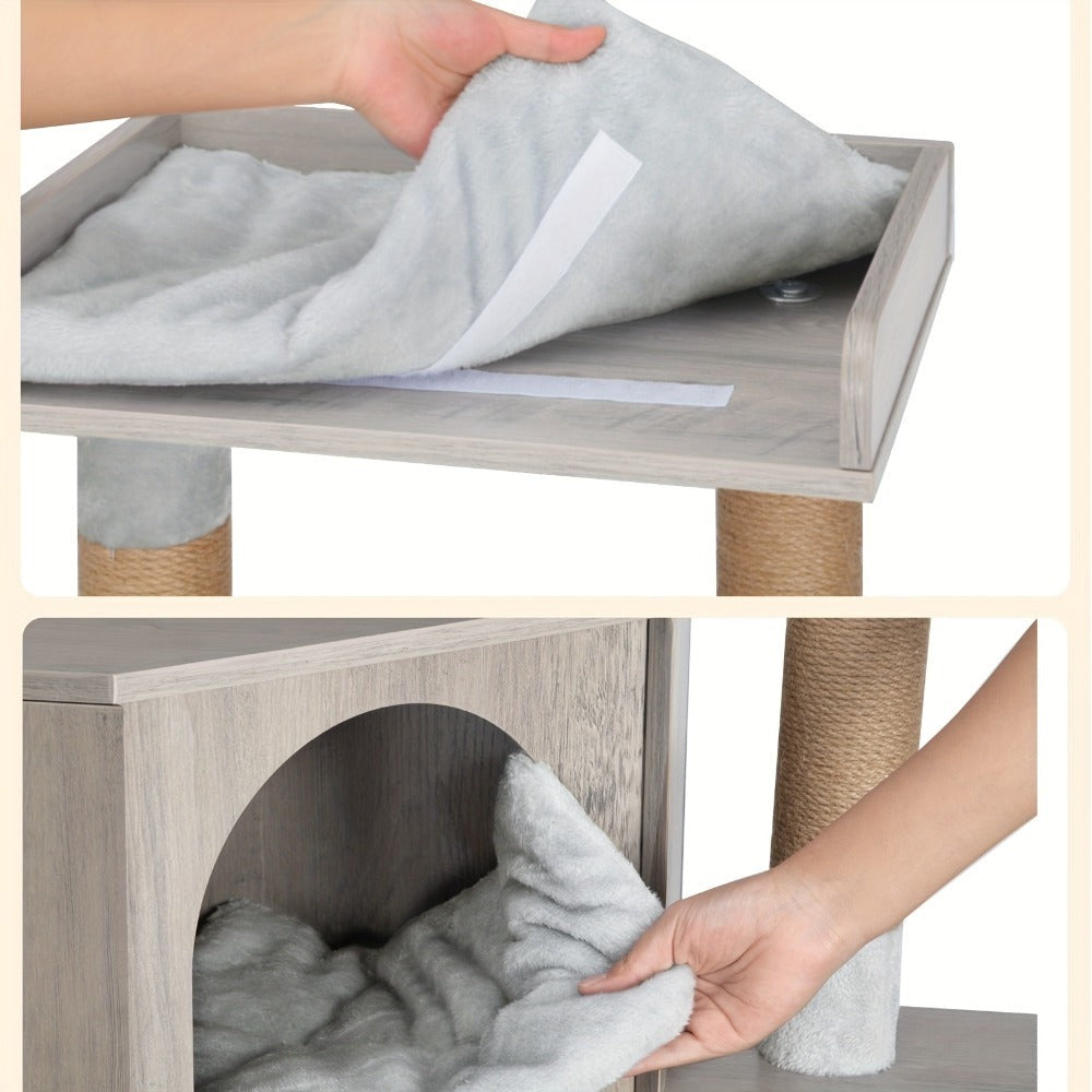 Árbol para Gatos con Armario de Letrero, Armario para Gatos, Casa Moderna 4-en-1 con Plataforma Grande, Casa para Gatos con Alfombra Rascadora de Sisal, Postes y Pompones, Cojines Lavables