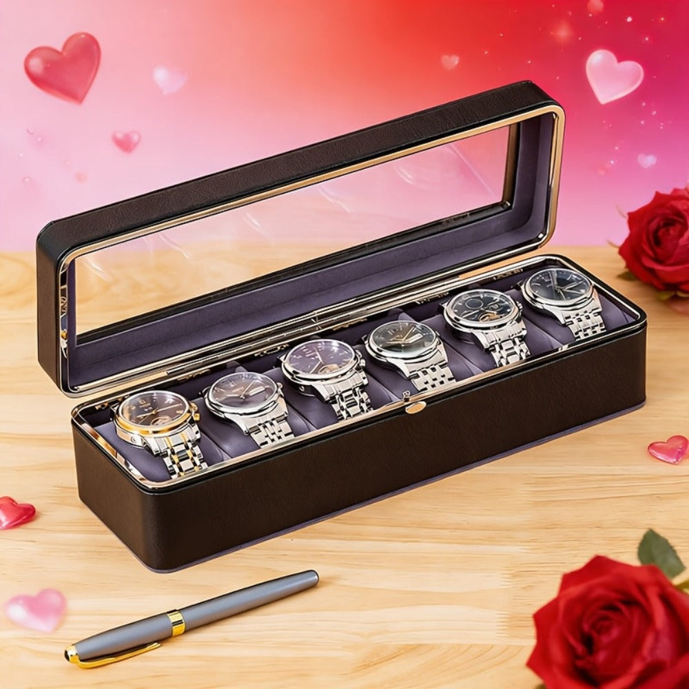 Caja de almacenamiento de relojes de lujo con 6 compartimentos y tapa transparente - Espacio de almacenamiento espacioso, adecuada para relojes mecánicos y de cuarzo para hombres y mujeres, diseño portátil para uso doméstico o de viaje, solución de almace