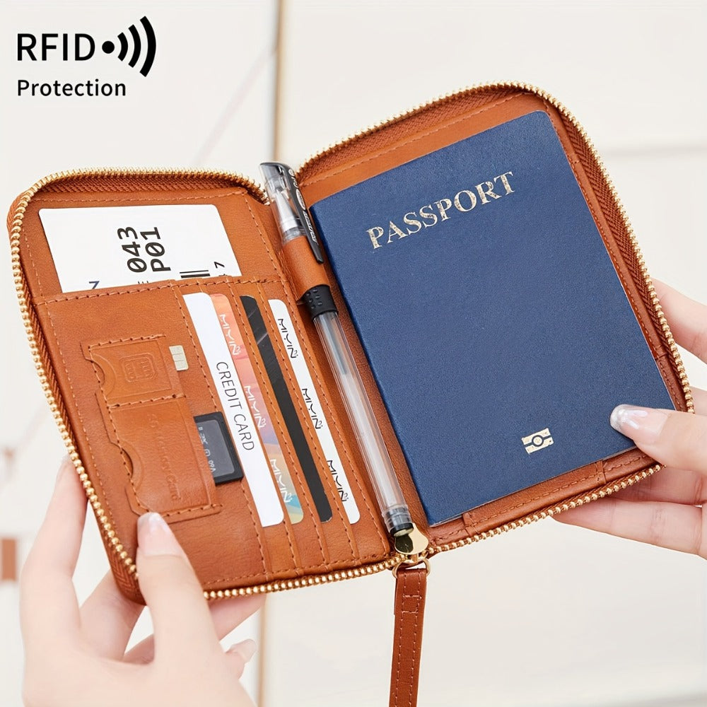 Portapassaporte RFID con cremallera y correa de muñeca, bolsa de almacenamiento multifuncional portátil para viajes, pasaporte y documentos, tarjetero