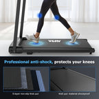 Cinta de correr plegable 2 en 1 con motor de CC de pico de 2.0 HP, velocidad ajustable de 1-12 km/h, panel de 4 pantallas LED con altavoces integrados, 12 programas preestablecidos + 3 modos de entrenamiento, equipo de fitness compacto para el hogar para
