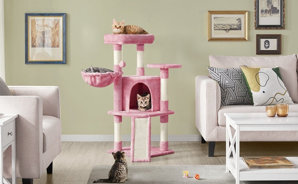 Costoffs Árbol para gatos de 107 cm con plataforma de observación, cueva para gatos, 5 postes de sisal, cueva de descanso, rascador y bola de felpa colgante, mueble para gatos