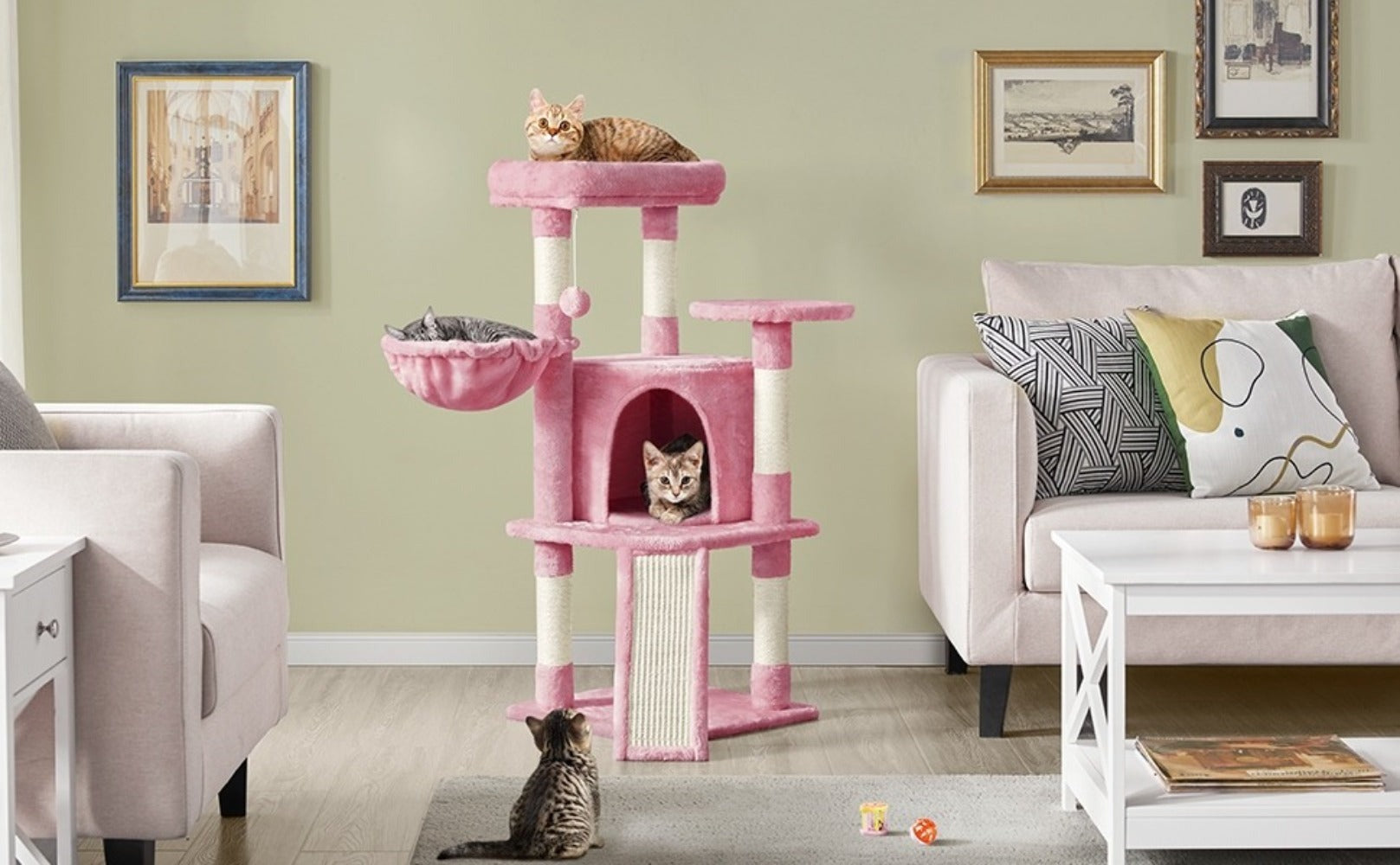 Costoffs Árbol para gatos de 107 cm con plataforma de observación, cueva para gatos, 5 postes de sisal, cueva de descanso, rascador y bola de felpa colgante, mueble para gatos