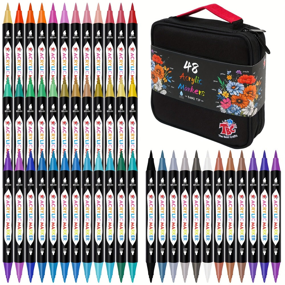 TBC The Best Crafts Plumas de caligrafía de punta doble 48/108, bolsa de lona de primera calidad con diseño de doble cremallera, no tóxicas, inodoras, aptas para papel, cerámica, piedras, vidrio, pintura al aire libre, para uso artístico profesional