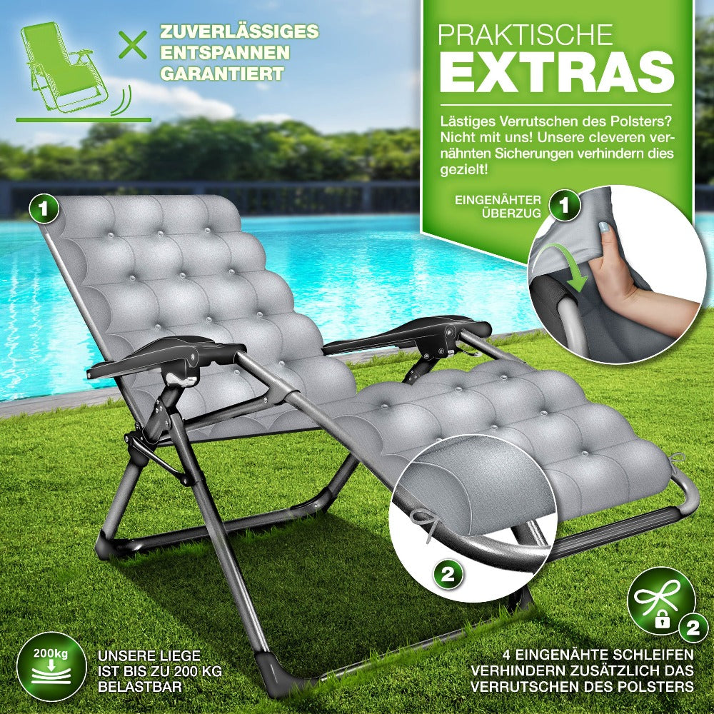 Tillvex® Tumbona Reclinable Plegable hasta 200Kg, Sillón de Sol para Jardín Exterior, Resistente a la Intemperie para Balcón, Jardín y Terraza, Ajustable con Acolchado Grueso, Reclinable, Extra Ancha, con Soporte para Bebidas
