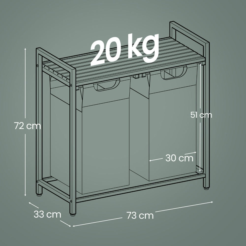 Cesto para Ropa Sucia, Cesta Colada, Estante, Marco Metálico, 2 x 46 L, 73 x 33 x 72 cm