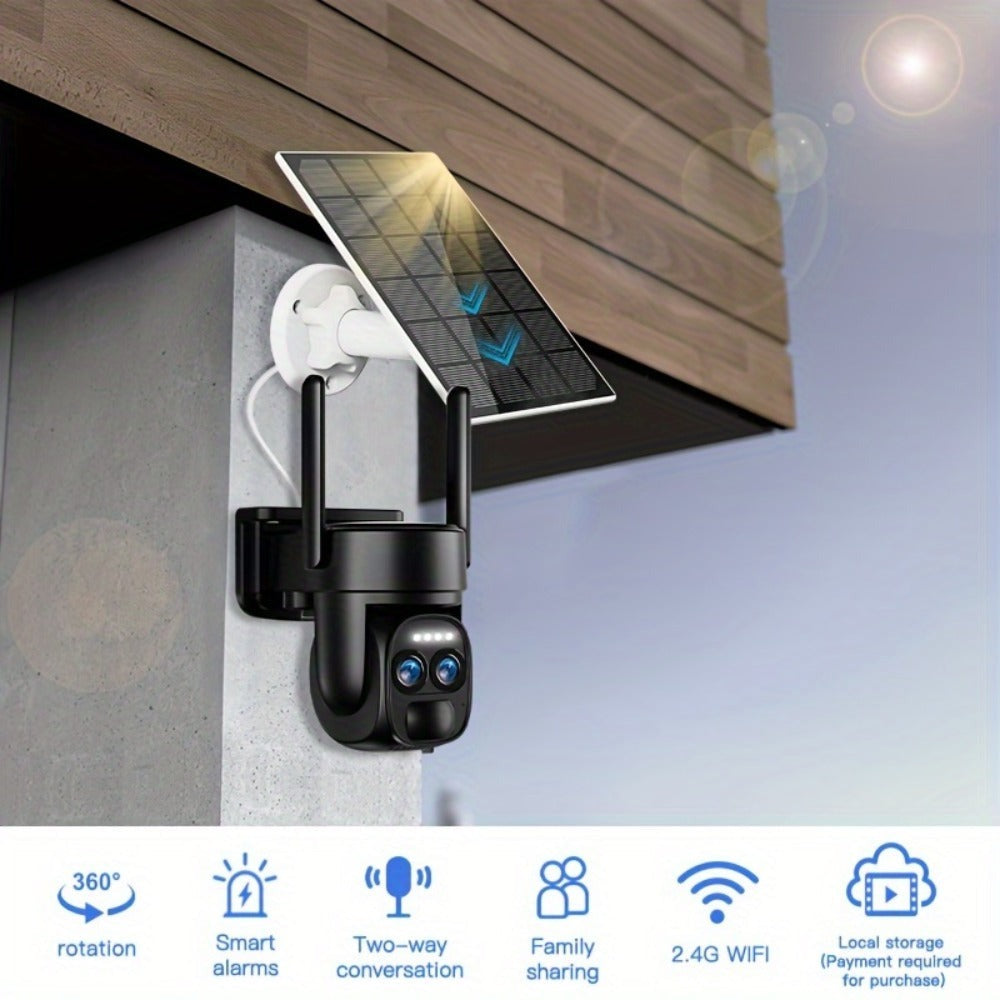 [10X Zoom] Cámara CCTV de bajo consumo con panel solar, batería, 360 grados, 2K FHD, Wifi, con alarme de foco, detección de movimiento, visión nocturna a color y audio bidireccional
