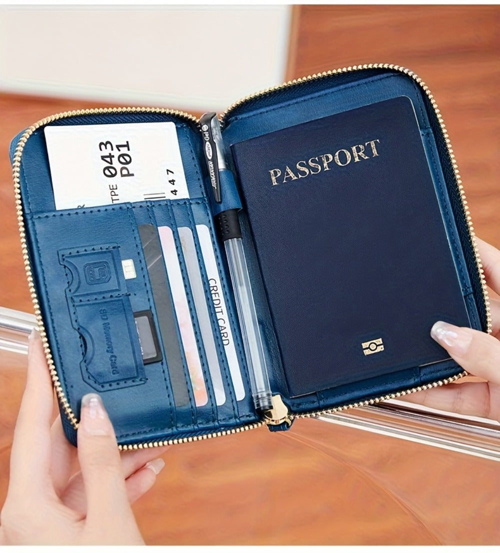 Portapassaporte RFID con cremallera y correa de muñeca, bolsa de almacenamiento multifuncional portátil para viajes, pasaporte y documentos, tarjetero