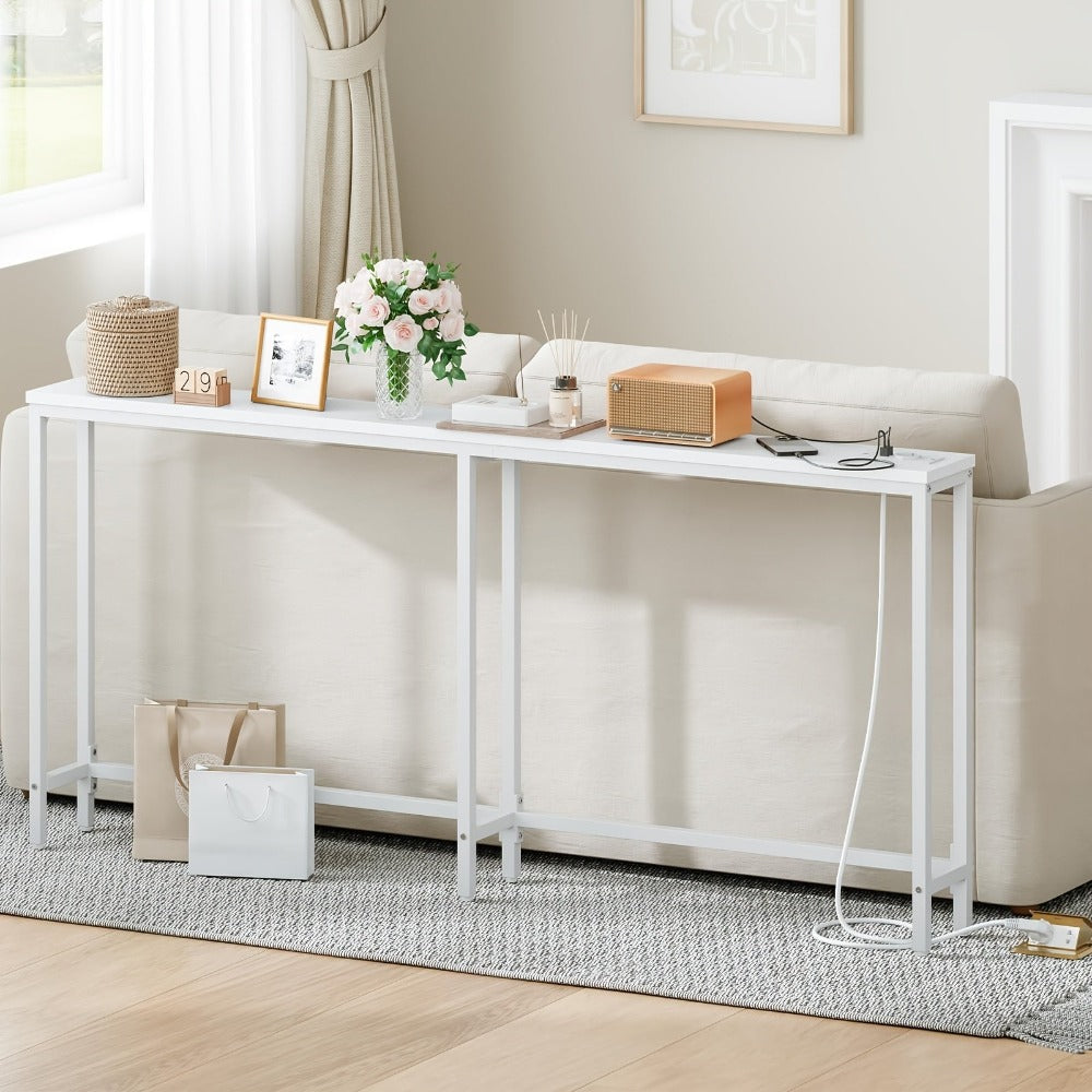 Mesa Estrecha de Consola con Regleta, Mesa de Consola con Estación de Carga, Mesa Estrecha para Sofá, Mesa de Consola Detrás del Sofá, Para Entrada, Pasillo, Marrón Rústico y Negro