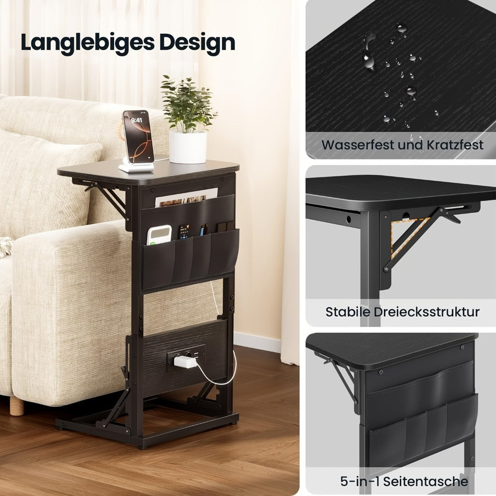 Mesa Auxiliar en Forma de C con Estación de Carga - Mesa Auxiliar Compacta para Sofá, Altura Ajustable de 3 Niveles (66-72Cm/25.9-28.3In), Mesa de Noche Plegable con Bolsillos de Almacenamiento para Espacios Pequeños, Dormitorio, Sala de Estar