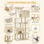 Árbol para gatos, Árbol para gatos XXL de 200 cm con 10 postes para rascar, 2 cuevas, 2 hamacas, plataforma grande, cepillo para gatos, cesta, árbol para gatos resistente para Maine Coon y gatos más grandes, gris claro/gris oscuro/beige