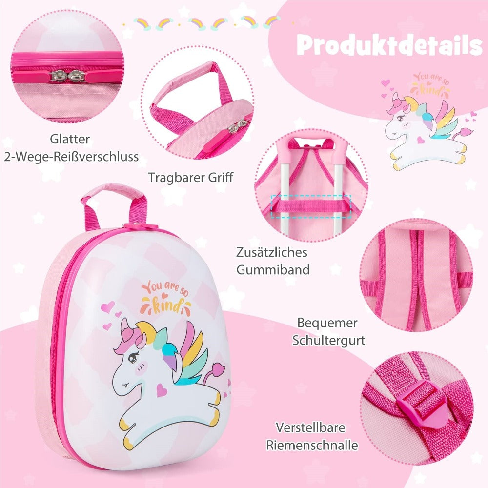 Juego de equipaje para niños de 2 piezas + Mochila, Trolley infantil de plástico, Equipaje infantil, Juego de equipaje de mano para viaje, Maleta rígida para niños y niñas (Unicornio rosa, 12"+16")