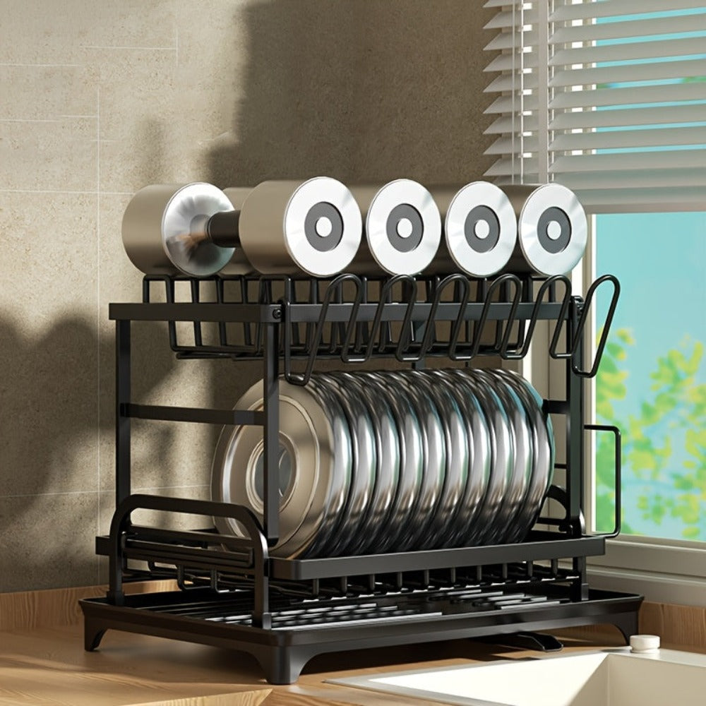 Juego de escurridor de platos de 2 niveles con bandeja de goteo - Espera de metal grande para platos con desagüe, soporte para vasos, soporte para cubiertos y sistema de desagüe adicional - Accesorios de cocina para secado y organización eficiente de plat