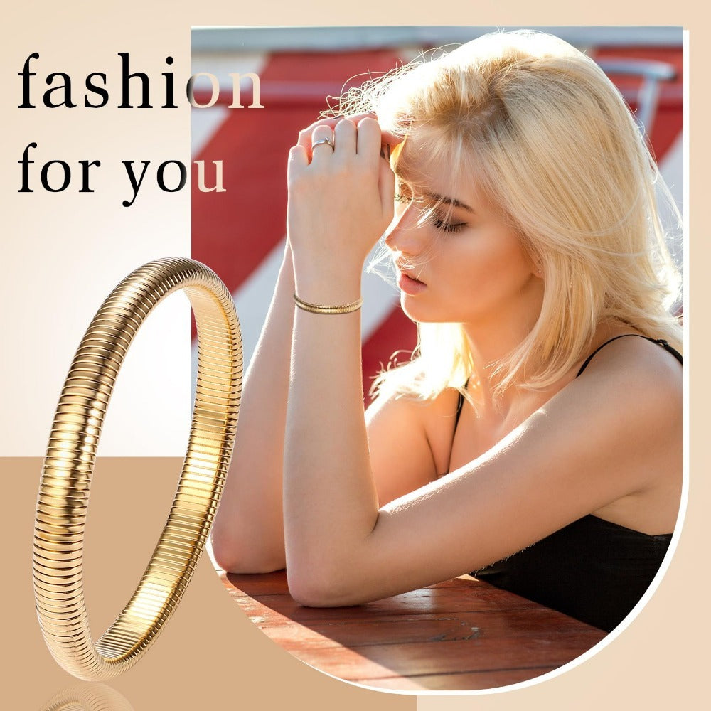 Jewelrywe Pulsera de Serpiente Flexible para Mujer: Brazalete Elástico de Acero Inoxidable de 10 mm de Ancho, Puntero de Serpiente Elástico para Mujer Y