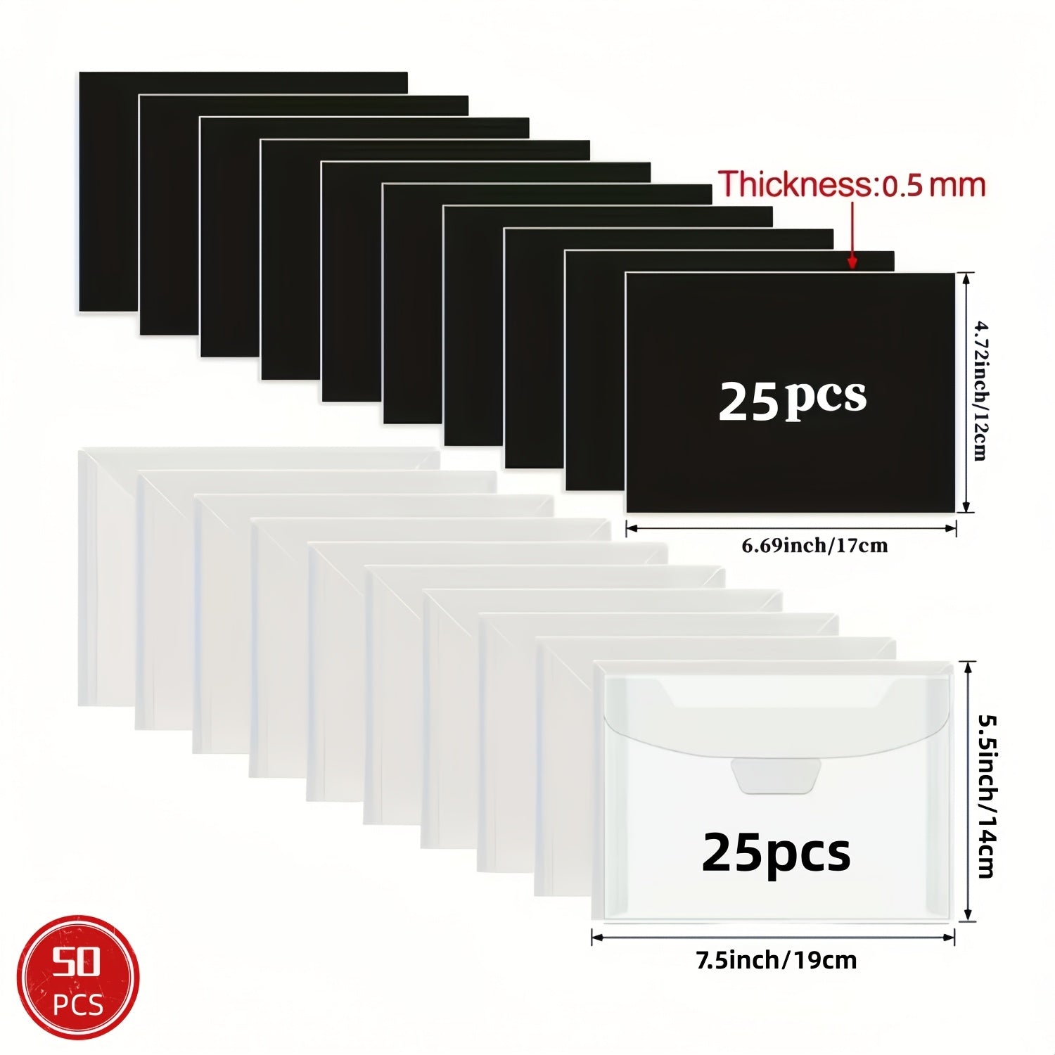 Bolsas de almacenamiento para 50/100 sellos y moldes con láminas magnéticas de goma, con una grosor de 0.5 mm. Estos sobres transparentes, que miden 19 x 14 cm, son ideales para organizar artículos hechos a mano y son perfectos para manualidades y artes.