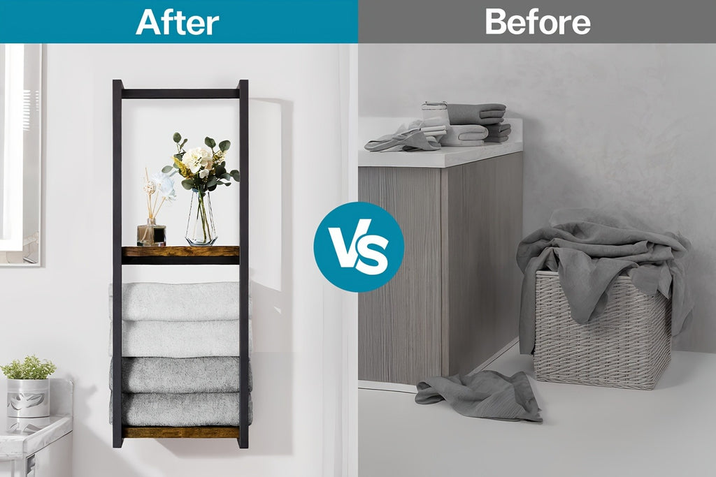 Estante de baño que ahorra espacio - Combo multifuncional de acero/madera, toallero de pared con soporte para artículos esenciales | Almacenamiento compacto para baños pequeños, apartamentos, residencias estudiantiles, toalleros