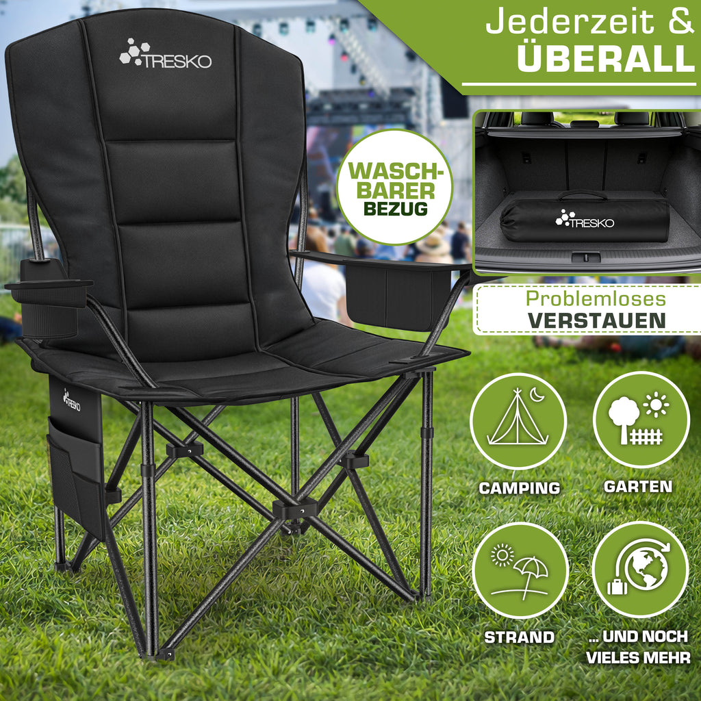 TRESKO® Silla de Camping Plegable hasta 200Kg | Silla Plegable con Bolsa Nevera, Portavasos y Bolsillo Lateral | Silla XXL Plegable Incluye Bolsa de Transporte | Silla de Pesca Acolchada para Exterior, Pesca, Festival y Jardín