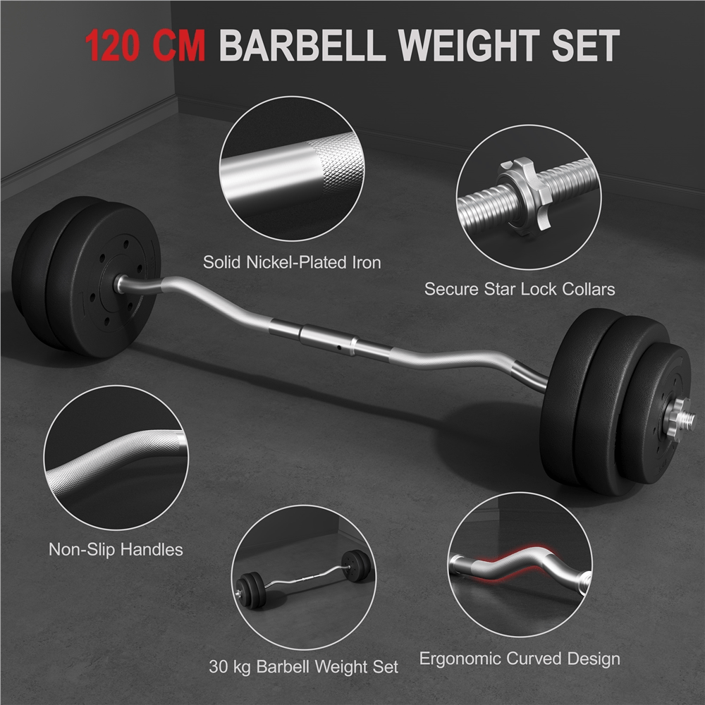 Juego de pesas Sz-Barbell Set Curlset 20/25/30 Kg, juego de barra larga con 6 discos, Sz-Bar para entrenamiento de fuerza, barra de curl con pesas