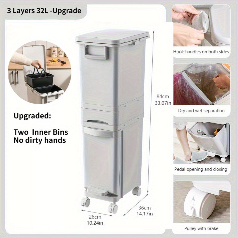 Cubo de basura estrecho de cocina de 32L con tapa, clasificación selectiva con división o dos contenedores interiores, pedal para separación de residuos secos y húmedos, contenedor de plástico para ahorrar espacio para cocina y baño