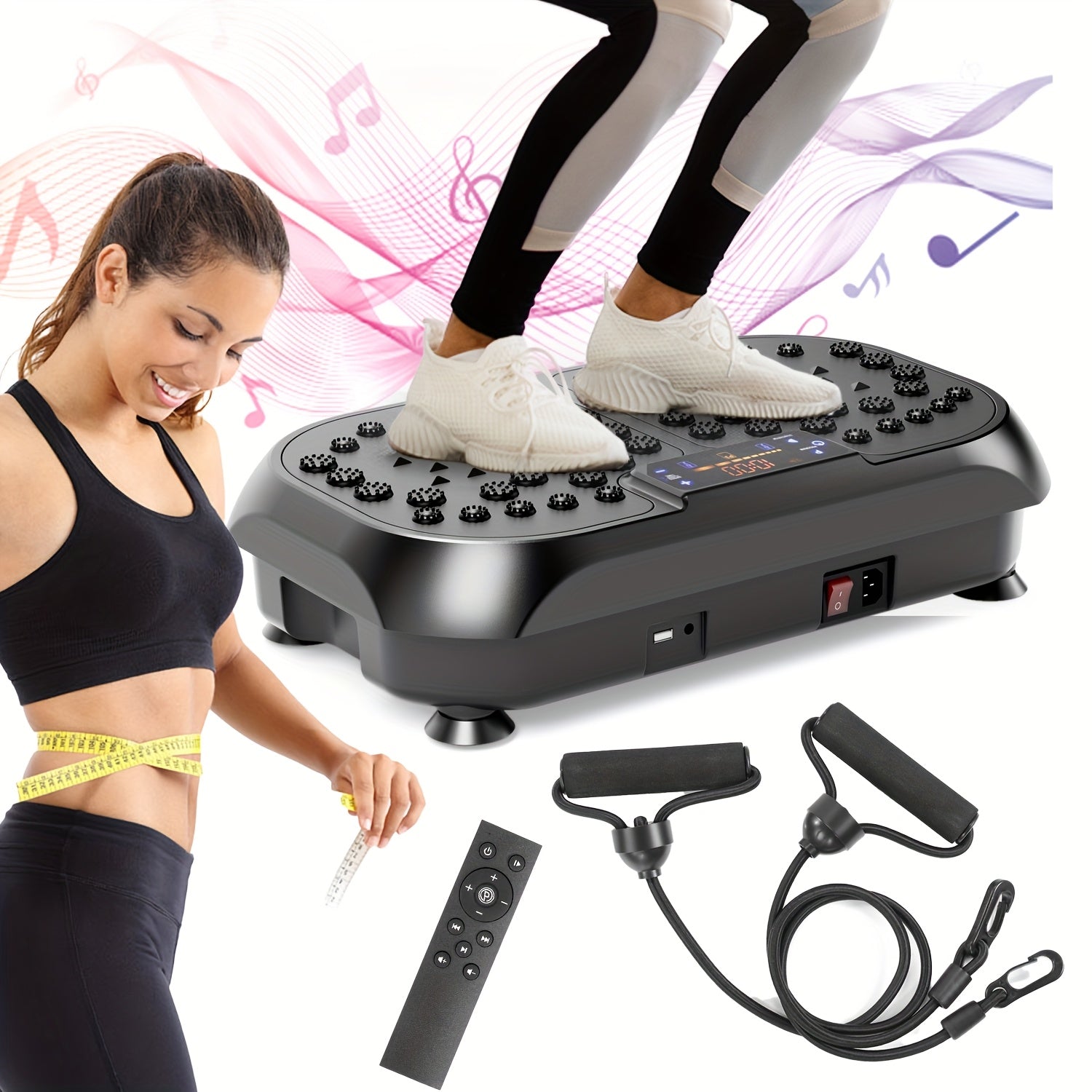 Plataforma de vibración inteligente con ajuste de 99 posiciones, masaje electromagnético y almohadilla Shiatsu para pies | Música USB, banda de resistencia | Plataforma de adelgazamiento silenciosa para pérdida de peso, escultura muscular, entrenamientos