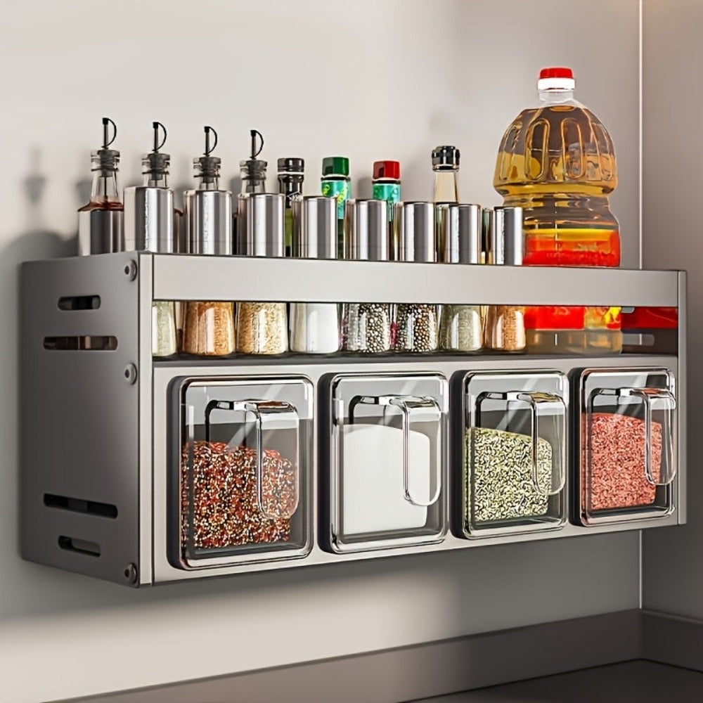 Organizador de especias de pared de 1 pieza con estantes colgantes y frascos para especias - Instalación sin taladro, sistema de almacenamiento de cocina de acero inoxidable que ahorra espacio, adecuado para especias, hierbas, aceites, salsas, organizació