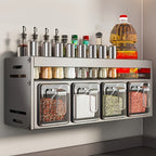 Organizador de especias de pared de 1 pieza con estantes colgantes y frascos para especias - Instalación sin taladro, sistema de almacenamiento de cocina de acero inoxidable que ahorra espacio, adecuado para especias, hierbas, aceites, salsas, organizació