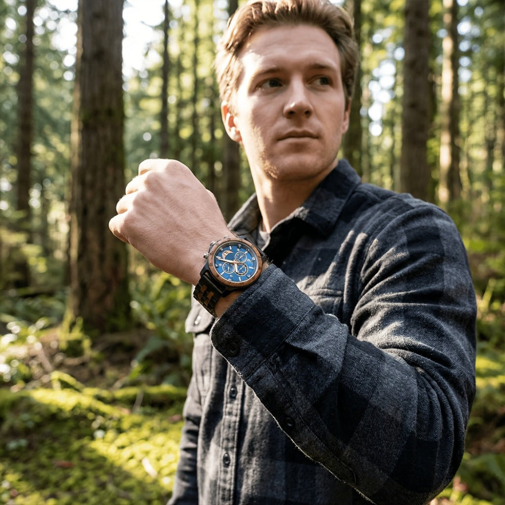 Relojes de Pulsera de Madera para Hombres, Relojes de Cuarzo de Moda con Fecha, Semana y Hora, Caja de Madera para Él