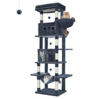 Rascador grande, árbol para gatos de 210 cm, con 8 postes rascadores, posadero, 2 cuevas, tapete lavable, hamaca, pelotas de felpa, rascador de varios pisos para gatos grandes, gris claro, gris oscuro