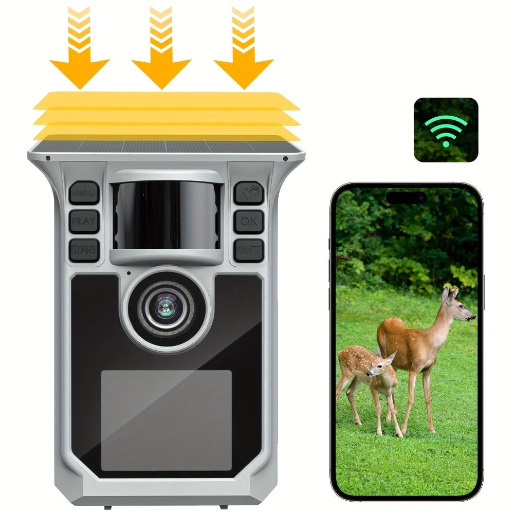 Cámara de rastro solar 4K, cámara de rastro WiFi de 64MP con visión nocturna, disparo de 0.2s activado por movimiento, cámara de caza con detección de 130°