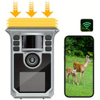Cámara de rastro solar 4K, cámara de rastro WiFi de 64MP con visión nocturna, disparo de 0.2s activado por movimiento, cámara de caza con detección de 130°