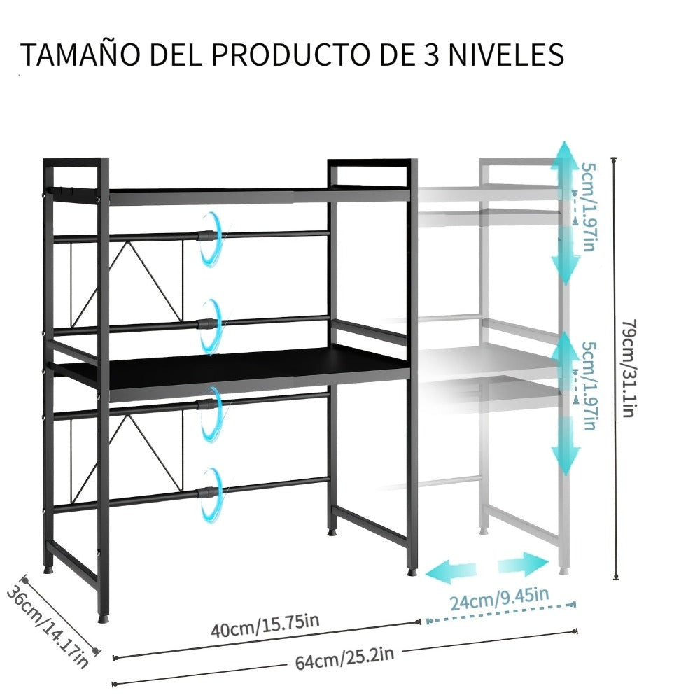 Estante Extensible de 3 Niveles para Microondas, Ancho Ajustable (40cm-64cm), Altura Ajustable, con 6 Ganchos y Soporte para Tabla de Cortar. Estante para Freidora de Aire, Estante para Microondas, Organizador de Cocina, Organizador de Encimera y Estante