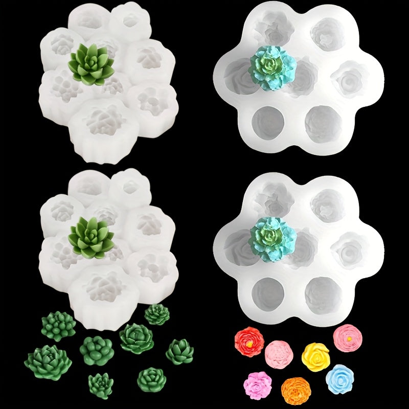4 Piezas de Moldes de Silicona, Moldes 3D de Flores y Suculentas, Moldes para Velas DIY, Moldes en Forma de Flor de Cactus para Jabón Aromático, Cera y Resina