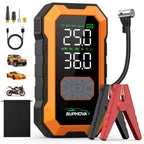 Arrancador de Coche 12000A con Compresor de Aire Inflador de Neumáticos Inalámbrico, Booster de Batería de 25000mAh con Pack de Batería Externa y Linternas LED, Caja de Arranque Automático de 12V para Todos los Vehículos de Gasolina o Diésel de 10.0L, Pan
