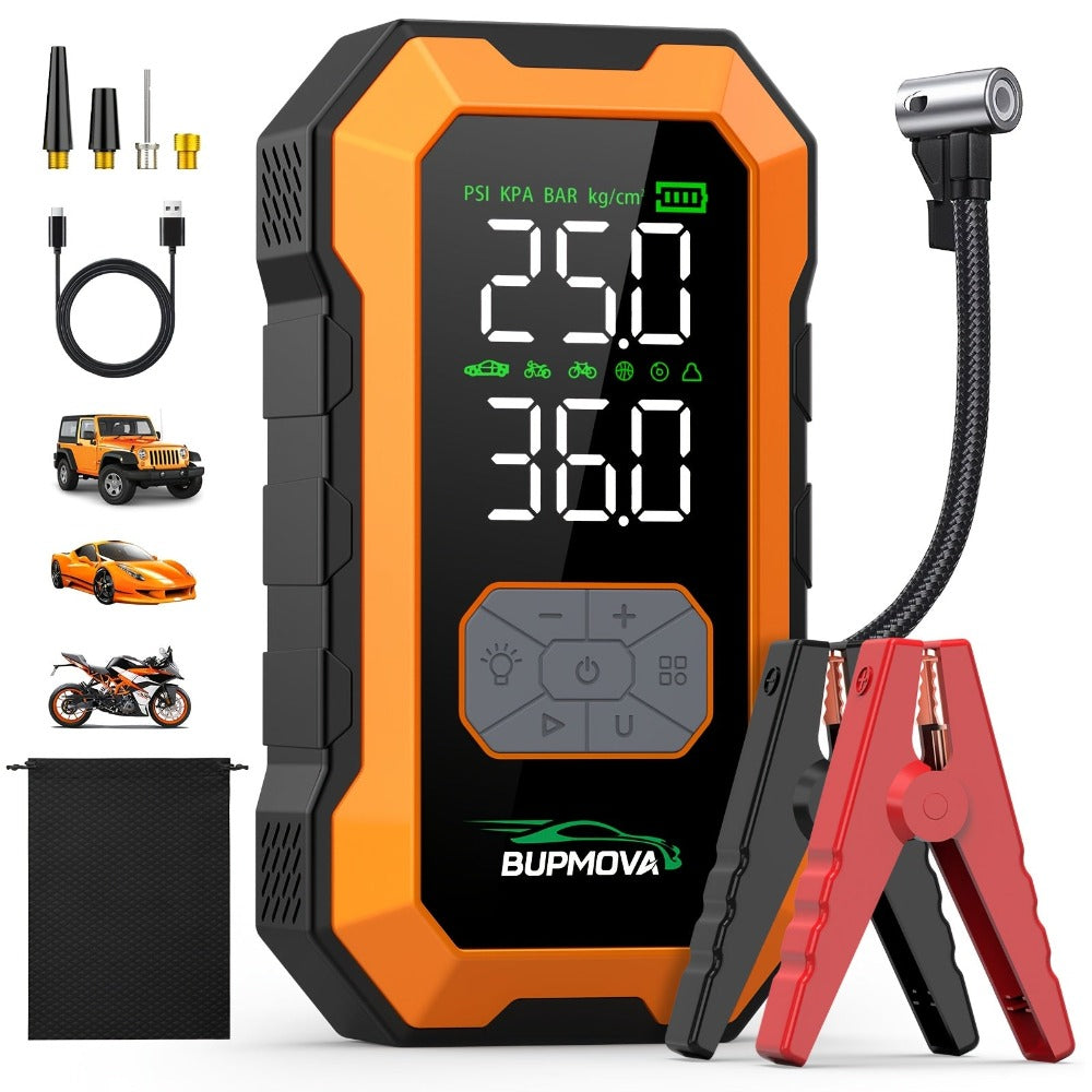 Arrancador de Coche 12000A con Compresor de Aire Inflador de Neumáticos Inalámbrico, Booster de Batería de 25000mAh con Pack de Batería Externa y Linternas LED, Caja de Arranque Automático de 12V para Todos los Vehículos de Gasolina o Diésel de 10.0L, Pan