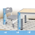 Una mesa acompañada de cuatro sillas, con un diseño de altura ajustable, ideal para una oficina y una mesa de aula que es fácil de limpiar.