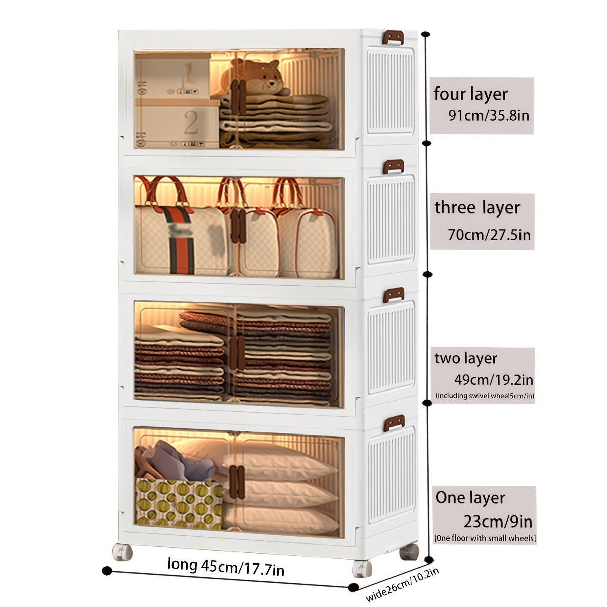 Contenedores de almacenamiento de plástico de 60 cm, cajas apilables con tapas, contenedores plegables con ruedas bloqueables para dormitorio, sala de estar, estudio y oficina