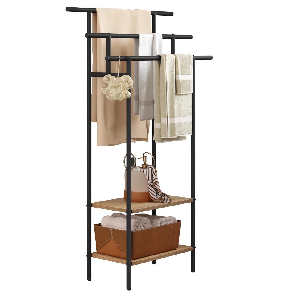 1pc Estante de baño, soporte de toalla vertical negro con 3 soportes de toalla, barra de toalla con 2 estantes, utilizado para toalla y ropa de toalla, hecho de material metálico y madera