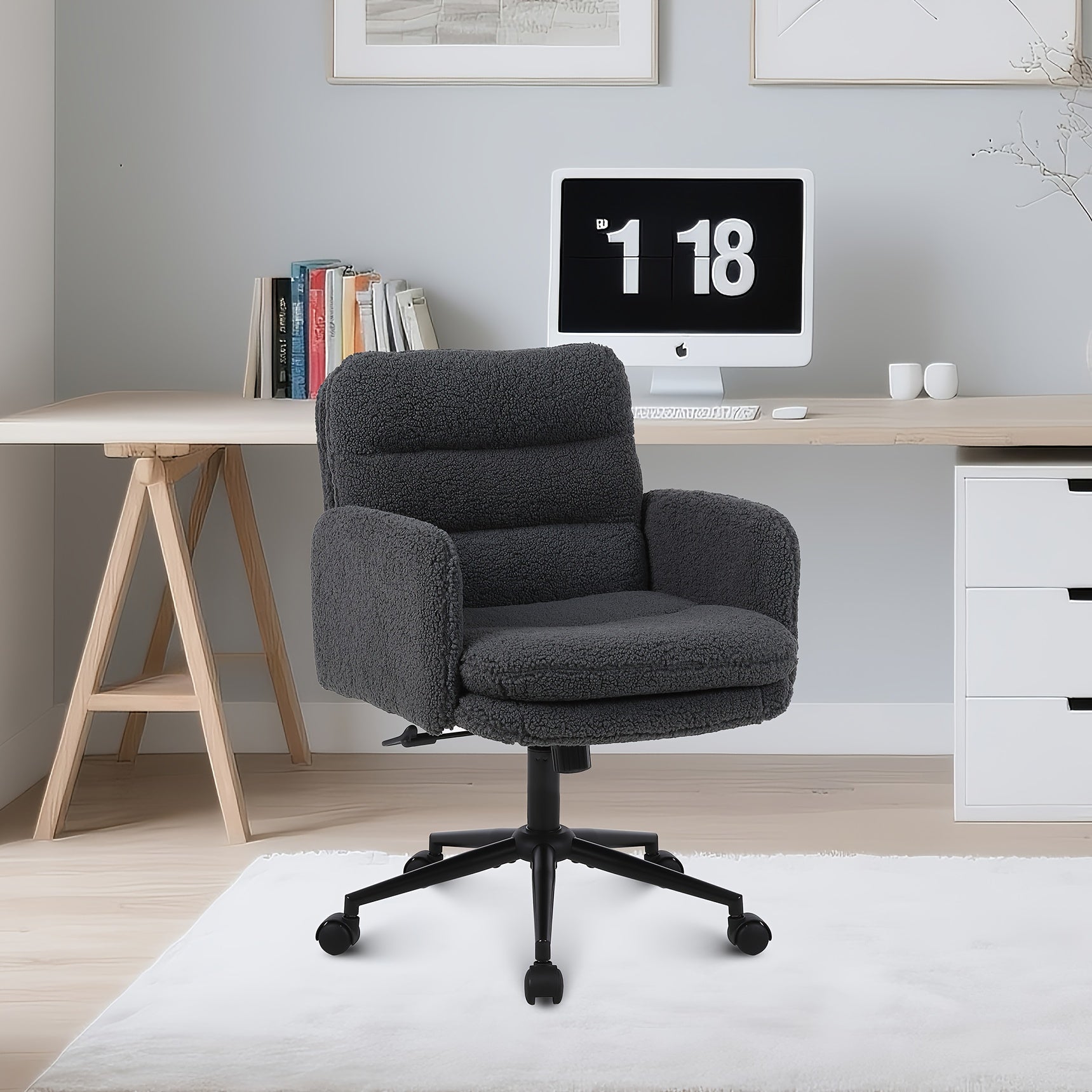 Sillas de oficina | Silla de Oficina, Silla de Maquillaje de Faux Fleece, Silla Giratoria Cómoda, Silla Ergonómica de Oficina, Altura Ajustable