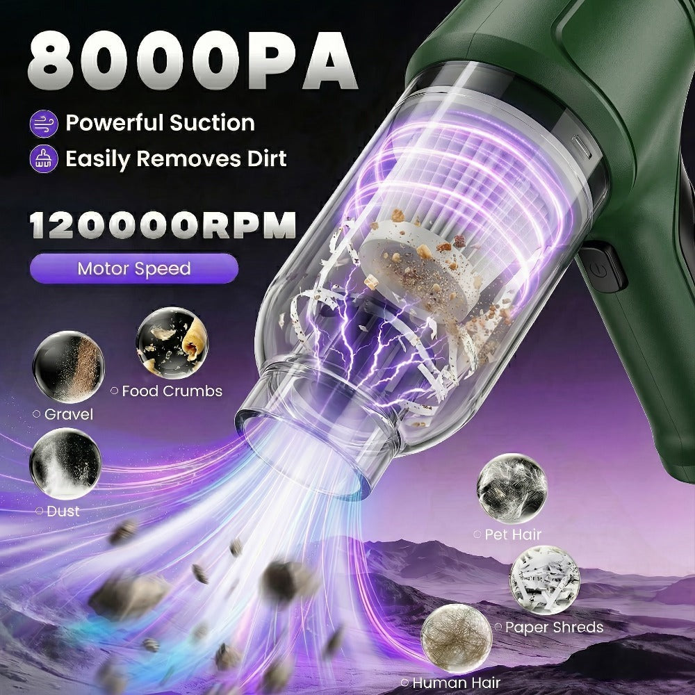 Aspiradora Inalámbrica Tres En Uno de Alta Potencia, Capaz de Aspirar, Extraer Aire y Soplar. Ideal para el Coche y el Hogar, con una Batería de Larga Duración. Recoge Eficazmente Polvo, Detritos y Pelo de Mascotas, Mientras Extrae