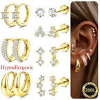 2D Plano - 7 Pares de Aretes de Aro para Mujer Hipoalergénicos Acero quirúrgico 316L Aretes de Doble Filo Aretes de Aro Pequeños para Múltiples Punciones