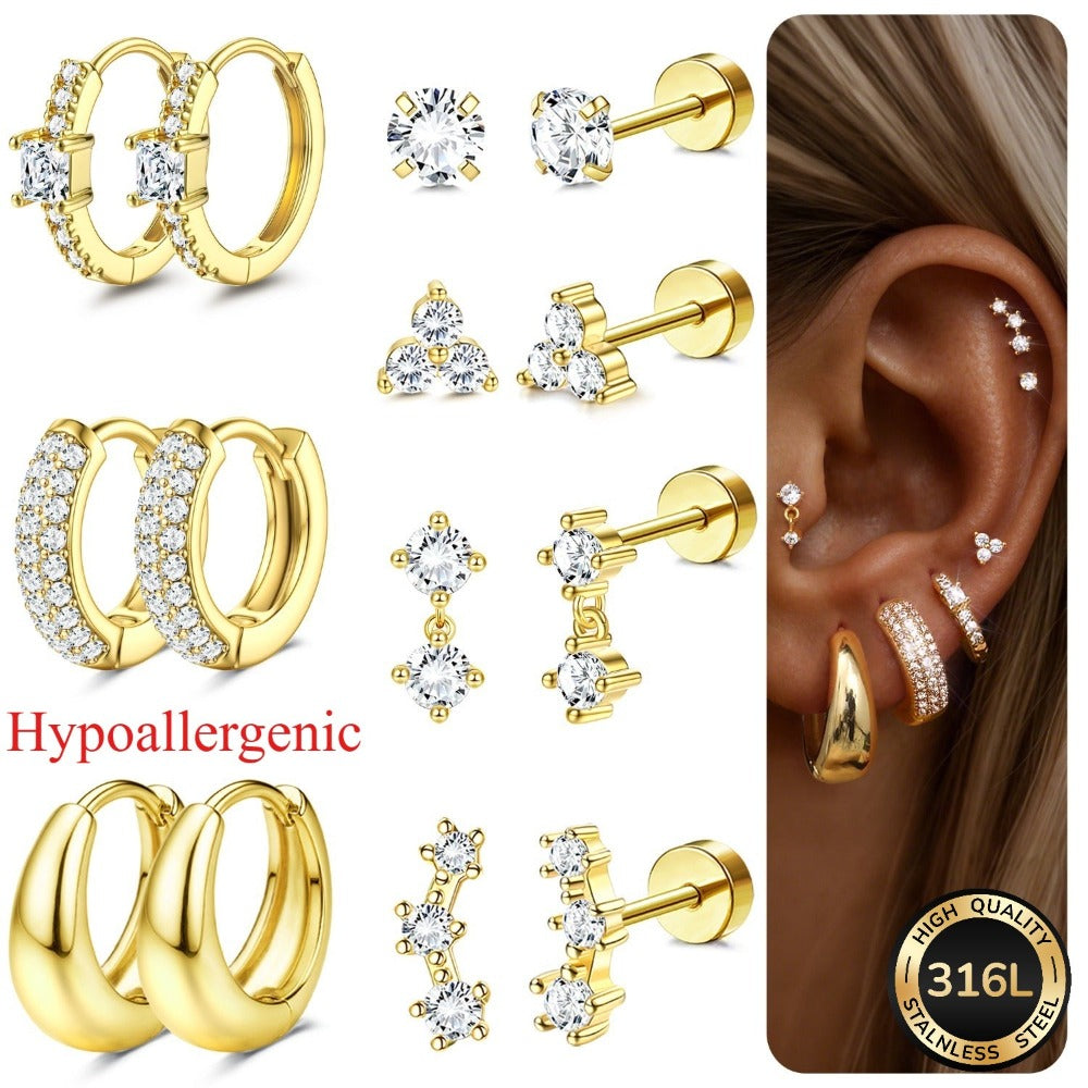 2D Plano - 7 Pares de Aretes de Aro para Mujer Hipoalergénicos Acero quirúrgico 316L Aretes de Doble Filo Aretes de Aro Pequeños para Múltiples Punciones