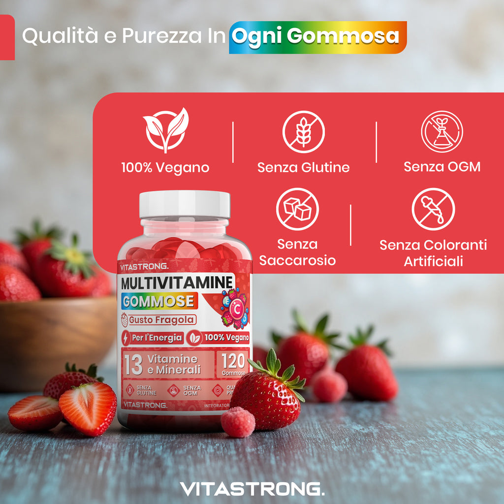 Gomitas multivitamínicas Vitastrong, 120 gomitas, 13 vitaminas y minerales, suplemento dietético para adultos, fórmula 100 % vegana, sin gluten, sin lactosa, sin sacarosa