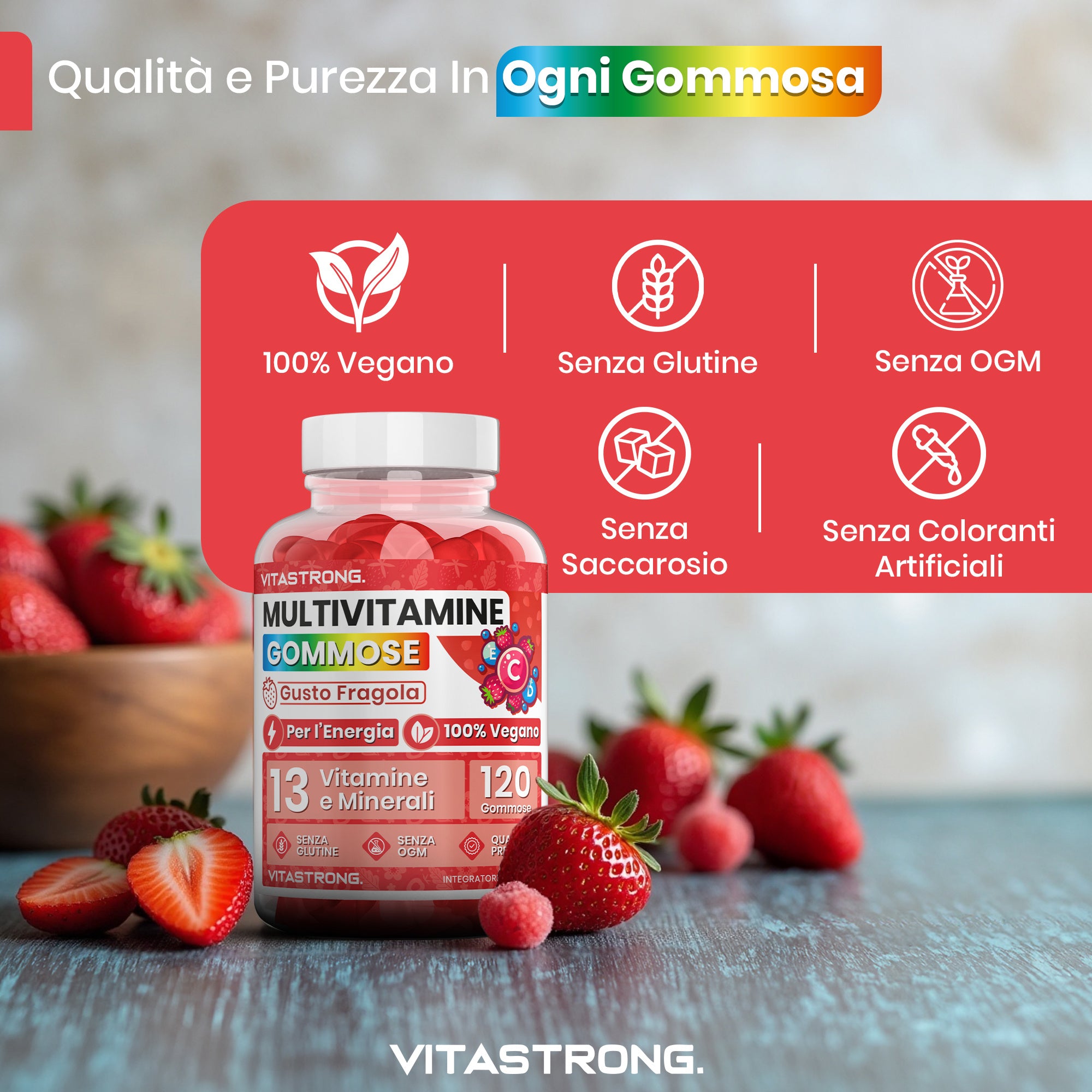 Gomitas multivitamínicas Vitastrong, 120 gomitas, 13 vitaminas y minerales, suplemento dietético para adultos, fórmula 100 % vegana, sin gluten, sin lactosa, sin sacarosa