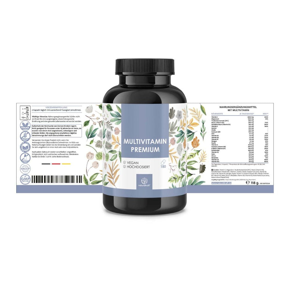 NATURALKRAFT® Multivitamínico Premium – Complejo A-Z de Alta Dosis con 180 Cápsulas Veganas, Vitaminas y Minerales Esenciales Incluyendo Vitamina C, D3, B12, Zinc, Magnesio y OPC – Probado en Laboratorio