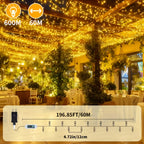 Guirnaldas de luces de hadas para exteriores de 60+3M, 600 LED, luces de hadas blancas cálidas con 8 modos, control remoto, temporizador y función de memoria, adecuadas para exteriores e interiores, bodas, fiestas