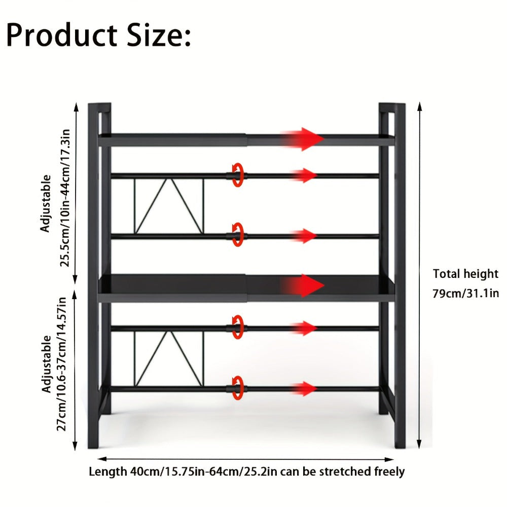 Estante para Microondas de 3 Niveles Extensible con 6 Ganchos, Estante de Cocina, Organizador de Especias, Organizador de Gabinete para Cocinas, , Extensible de 40 a 64 cm